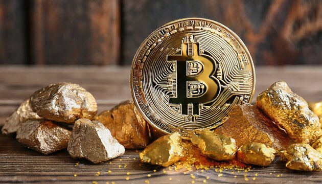 bitcoin and gold nuggets on table