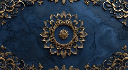 Blue and golden mandala decoration model set against a decorative frame background, featured in the 3D wallpaper for the ceiling.