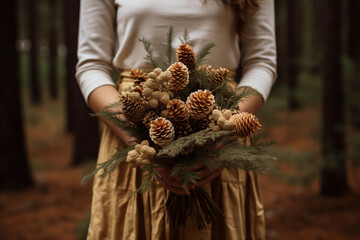 Woman holding a bunch of dried pinecones in the forest - Powered by Adobe