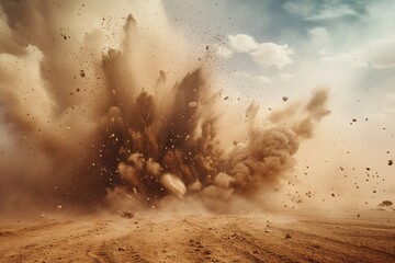 Dangerous detonation rocks the desert, sandstorm forms. Blast erupts, smoke merges with the sky backdrop.