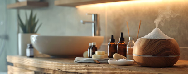 A diffuser spreading fragrant mist in a tranquil bathroom, with sea salt scrubs and essential oil bottles neatly arranged on a wooden shelf, capturing