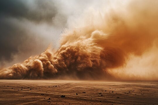 Explosion shakes the desert, sand billows. Sandstorm intensifies, blending with the smoke-filled sky.