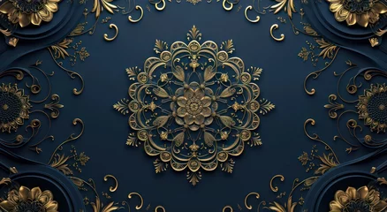 Fotobehang Decorative 3D wallpaper for the ceiling adorned with a blue and golden mandala design within a decorative frame backdrop. © Matthew