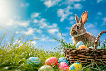 Easter bunny and eggs. Backdrop with selective focus and copy space