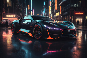 Fototapeta na wymiar Futuristic car vehicle at night in city