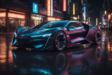 Fototapeta premium Futuristic car vehicle at night in city