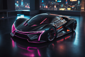 Fototapeta premium Futuristic car vehicle at night in city