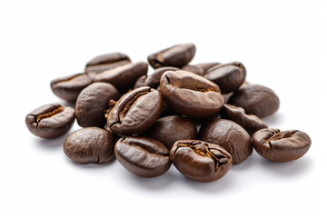 Fototapeta premium Coffee beans on white. Backdrop with selective focus and copy space