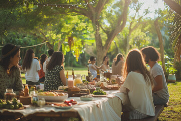 People enjoying the rustic picnic setup, conveying the joy and conviviality of the occasion while displaying the picturesque setting of the outdoor pi