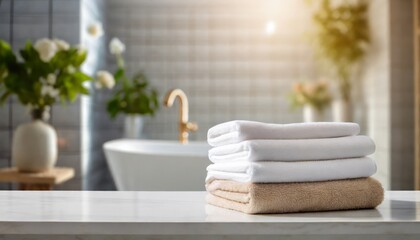 towels on white table with copy space on blurred bathroom background