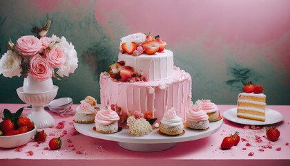 beautiful cakes and desserts in pink tones on a pink background wedding cake birthday cake valentine s day cake