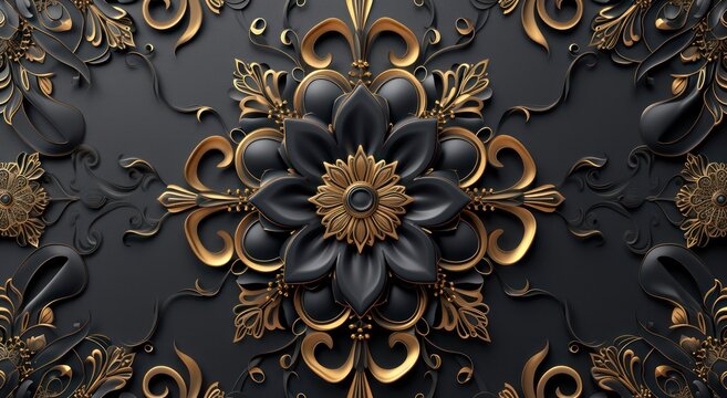 Fototapeta 3d wallpaper for ceiling with black and golden mandala decoration model and decorative frame background