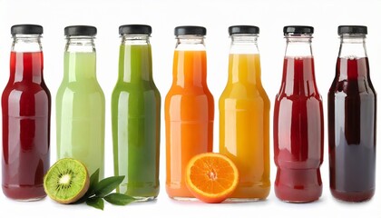 set with plastic bottles of different juices on white background