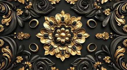 3d wallpaper for ceiling with black and golden mandala decoration model and decorative frame background