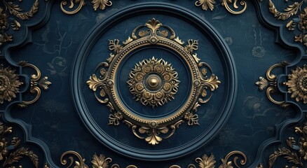 Decorative 3D wallpaper for the ceiling adorned with a blue and golden mandala design within a decorative frame backdrop. - obrazy, fototapety, plakaty
