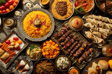 Top view of an assortment of traditional halal dishes such as biryani, kebabs, and baklava elegantly arranged on ornate serving platters, evoking cele