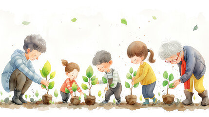 The concept of World Environment Day. Children with grandparents planting seedlings and growing trees into soil working in spring garden
