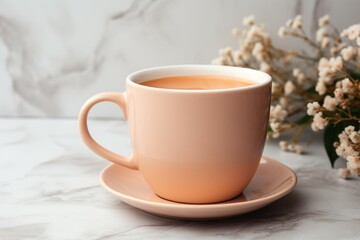 Coffee mug mockup in trendy color. Backdrop with selective focus and copy space