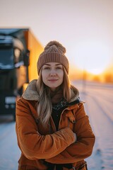 Female professional truck driver looking at camera. A proud driver poses next to her truck, reminding us of the importance of transportation in our daily routines.