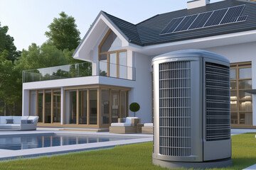 Air heat pump near modern house.AI generated
