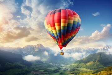 Fototapeta na wymiar Colorful hot air balloon floating in the clear sky above the mountains, wallpaper background