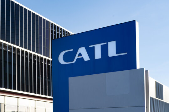 Advertising banner CATL Contemporary Amperex Technology Limited electric vehicle battery manufacturer, sustainable development Innovation in Battery Technology, Arnstadt, Germany - February 05, 2024