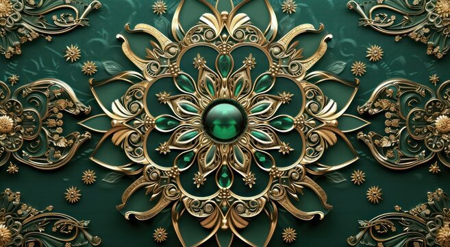 3D wallpaper for ceiling featuring a green and golden mandala decoration model against a decorative frame background.
