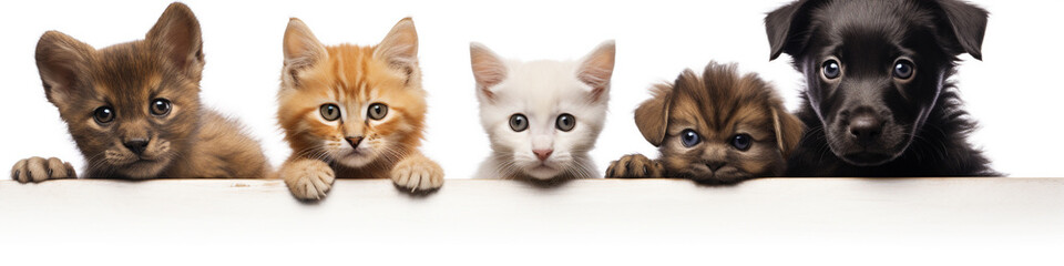 Cats and dogs peeking over white banner background - obrazy, fototapety, plakaty