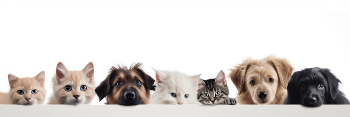 Cats and dogs peeking over white banner background - obrazy, fototapety, plakaty