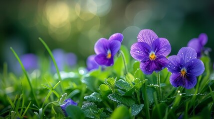Beautiful image of violets growing in green grass, blurred background with copy space for text....