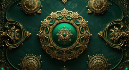 Green and golden mandala decoration model on a decorative frame background, designed for 3D ceiling wallpaper.