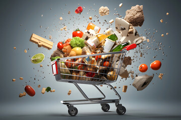 grocery cart with fruits, vegetables and other products from the supermarket flying to the sides on a dark background. food industry - obrazy, fototapety, plakaty