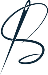 elegant dark blue calligraphy logo design for sewing business, handwriting style, letter b, script font