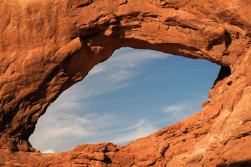 Closeup view through the window arch to the sky in the Arches National Park  Utah USA