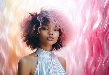 closeup of young african american girl with two colored hair on background in various shades of pink
