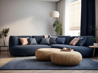 Two knitted pouffes near dark blue corner sofa design. Scandinavian home interior design of modern living room design. - obrazy, fototapety, plakaty