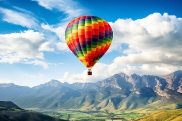 Colorful hot air balloon floating in the sky above the mountains, background