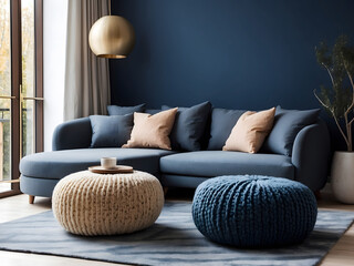 Two knitted pouffes near dark blue corner sofa design. Scandinavian home interior design of modern living room design.