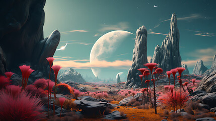 A surreal alien landscape with bizarre rock formations