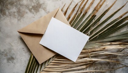 summer stationery still life closeup of blank card mock up and craft envelope on dry palm leaf grunge beige concrete background flat lay top view tropical vacation concept moody boho design