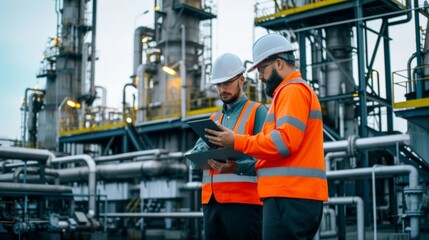 Male worker inspection at steel long pipes and pipe elbow in station oil factory during refinery valve of visual check record pipeline tank oil and gas industry