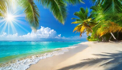 sunny tropical caribbean beach with palm trees and turquoise water caribbean island vacation hot...