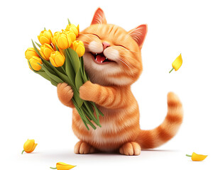 Cute 3D render of a fat red cat holding a bouquet of yellow tulips, celebrating March 8 and the arrival of spring.