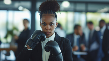 Black businesswoman in office wearing red boxing gloves, looking determined
 - obrazy, fototapety, plakaty