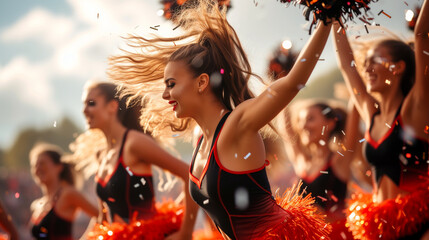 A dynamic group of cheerleaders in red and black outfits perform energetic routines at a sporting event - obrazy, fototapety, plakaty