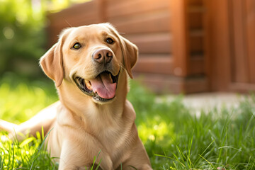 golden retriever, labrador puppy dog laying at the porch in the tall grass. pet ad. welcome home....