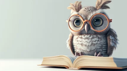 Foto op Canvas An owl wearing glasses sitting on top of an open book © Maria Starus