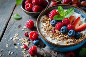 muesli with yogurt and fruits food photography.