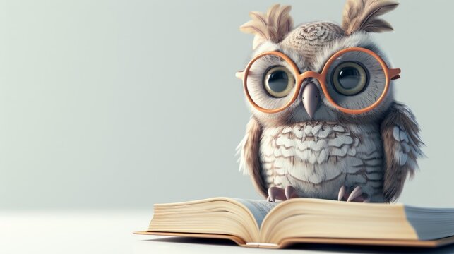 An owl wearing glasses sitting on top of an open book