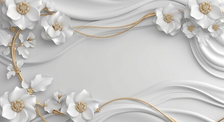 Ceiling 3D wallpaper adorned with a white and golden flowers decoration model set against a decorative frame backdrop.
